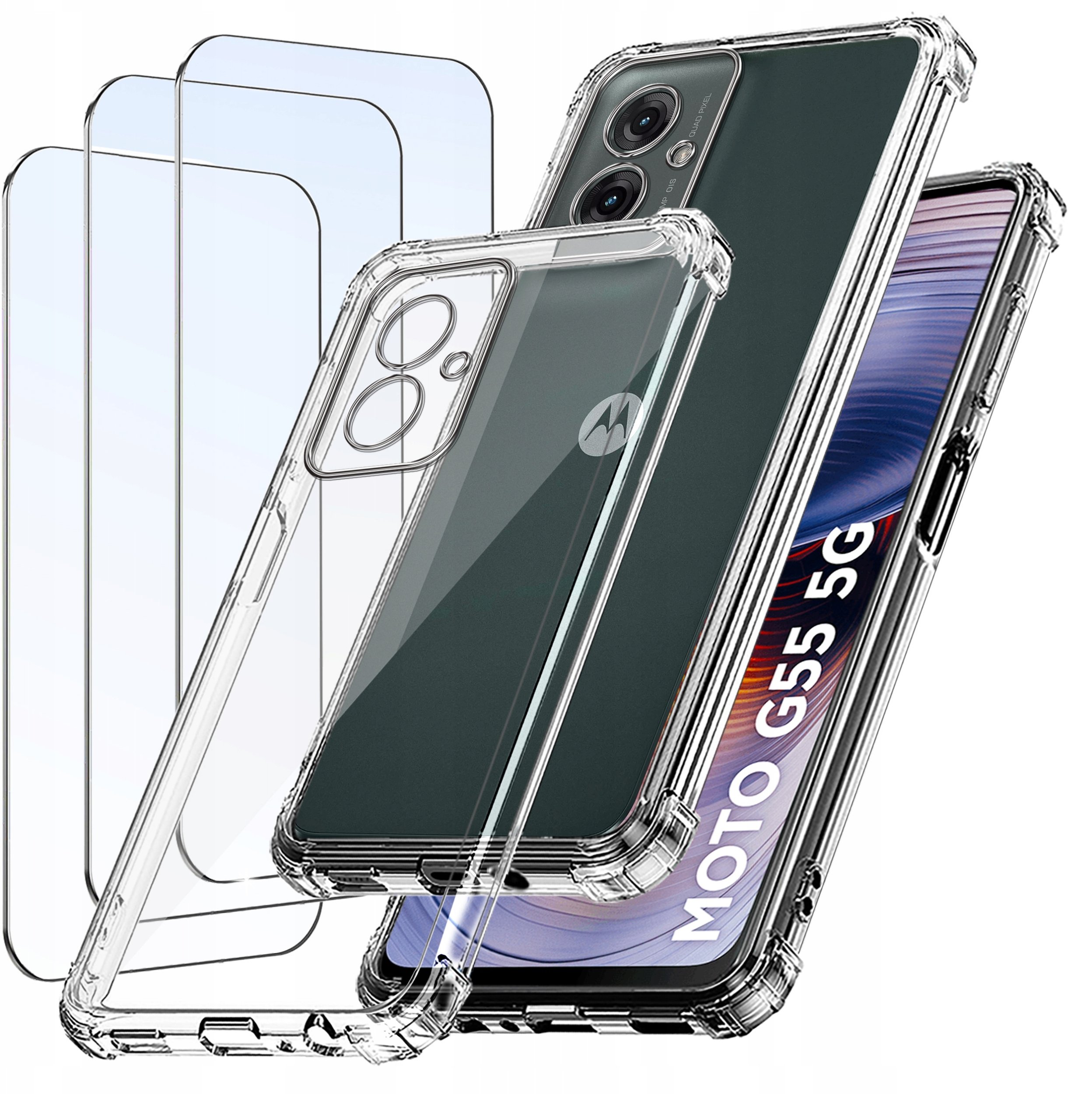 ZESTAW Etui do Motorola G55 5G ANTI-SHOCK CLEAR WZMACNIANE +3 SZTUKI SZKŁO