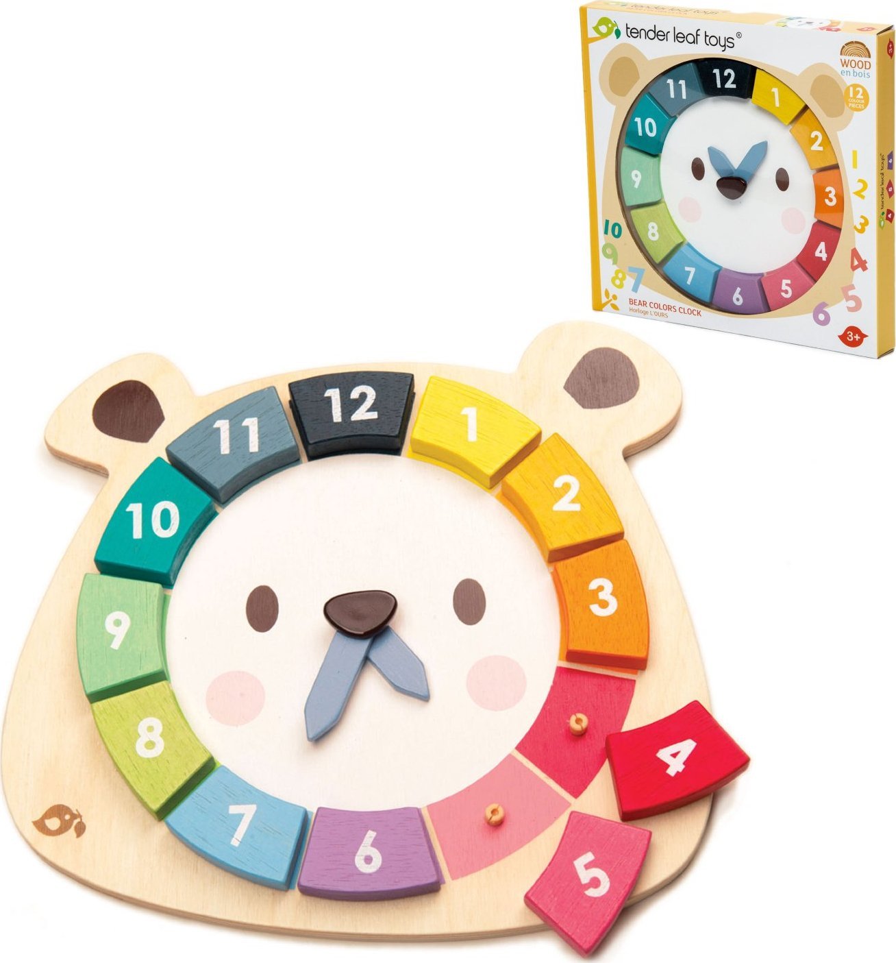 Tender Toys Kolorowy zegar Miś Drewniana zabawka edukacyjna Tender Leaf Toys