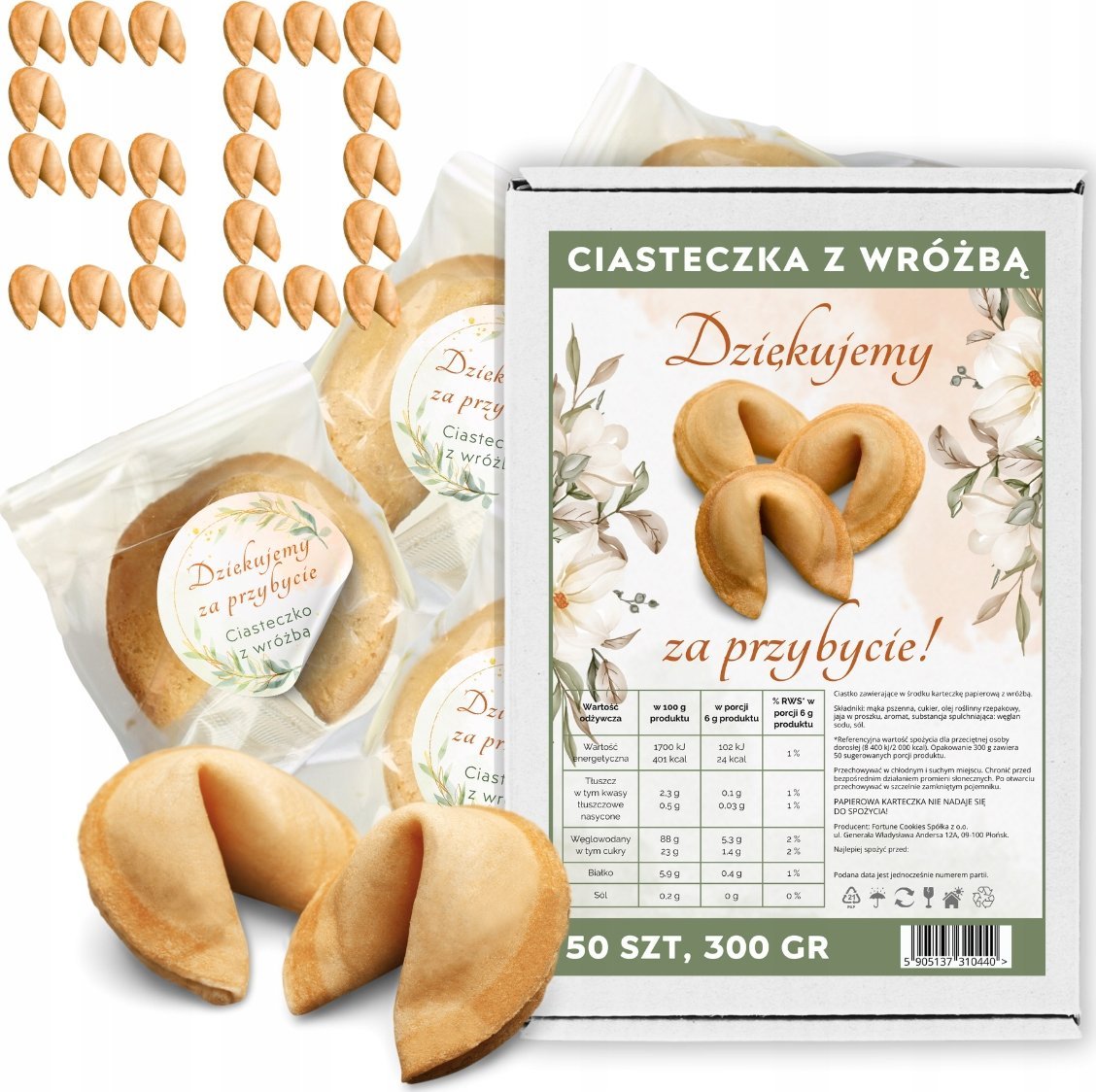 MagiaCiast Chińskie Ciasteczko Szczęścia z Wróżbą Podziękowanie za Przybycie 50 szt