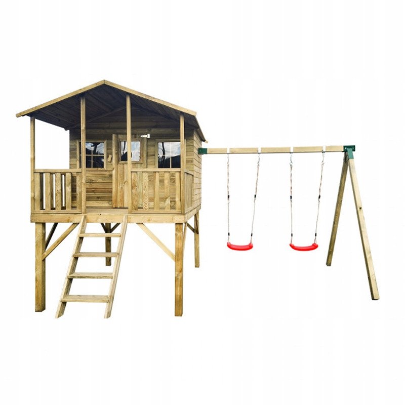 Drewniany Domek dla Dzieci Gucio z Podwójną Huśtawką