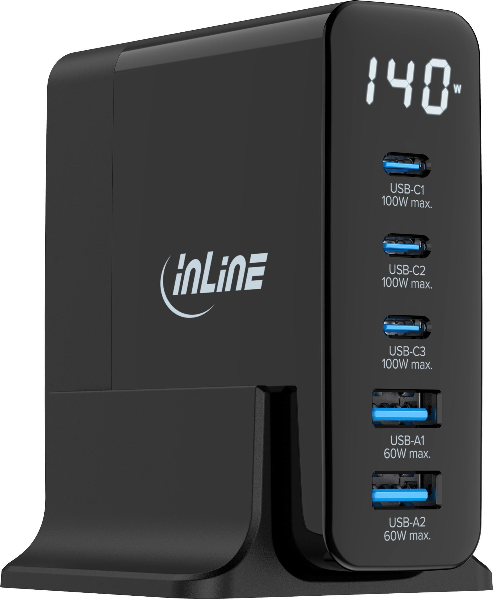 InLine® USB PD Netzteil, GaN Ladegerät, 5-Port, USB-C + USB-A, 140W, mit Display