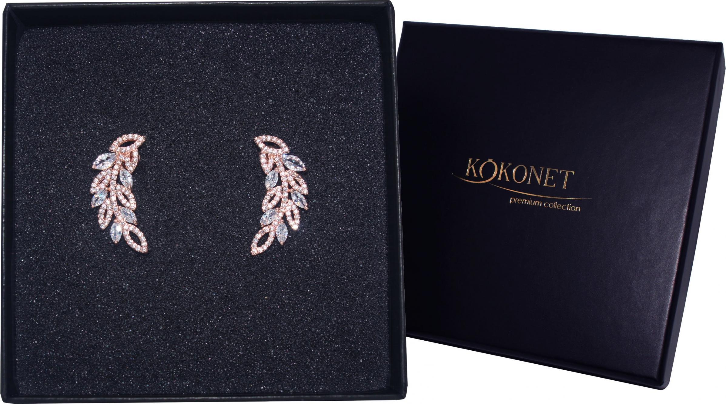 KOKONET Kolczyki różowe złoto DELIKATNE piórka swarovski