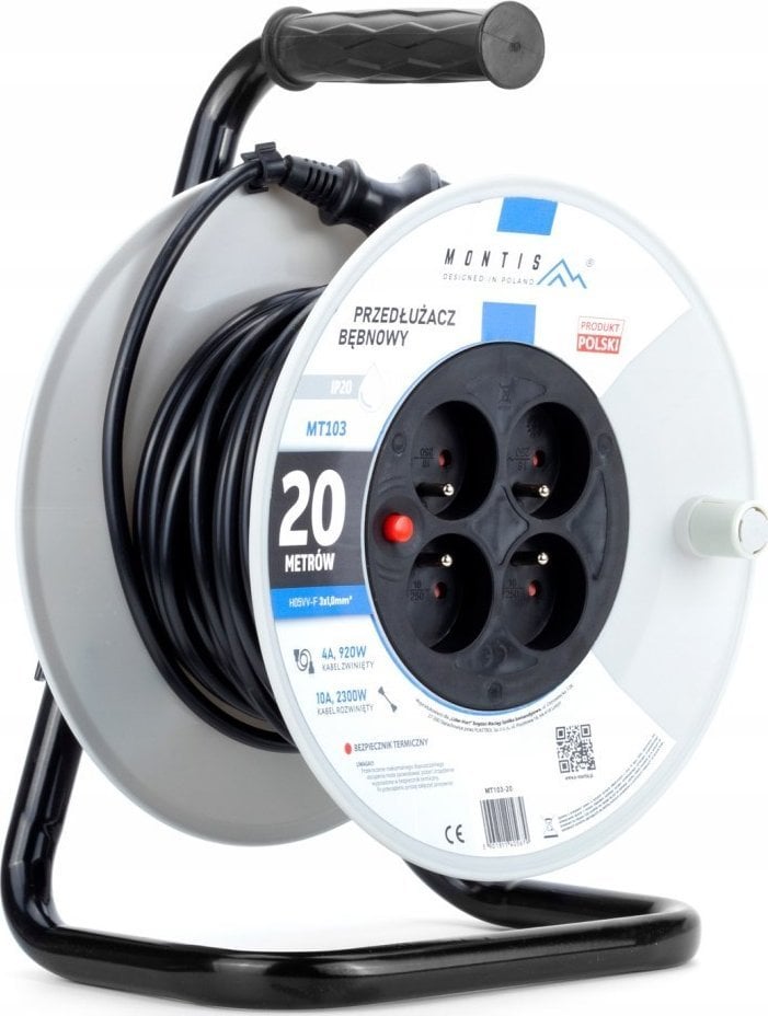 Montis Przedłużacz bębnowy MT103-20 4x2p+Z IP20 10A 3x1 20m Montis czarny