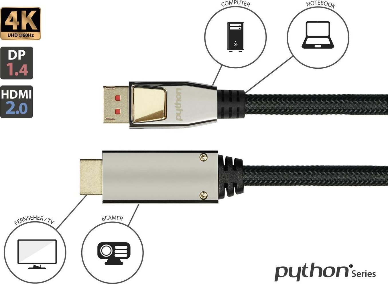 Kabel PYTHON Python DisplayPort 1.4 an HDMI 2.0 Kabel Nylong. schwarz 3m