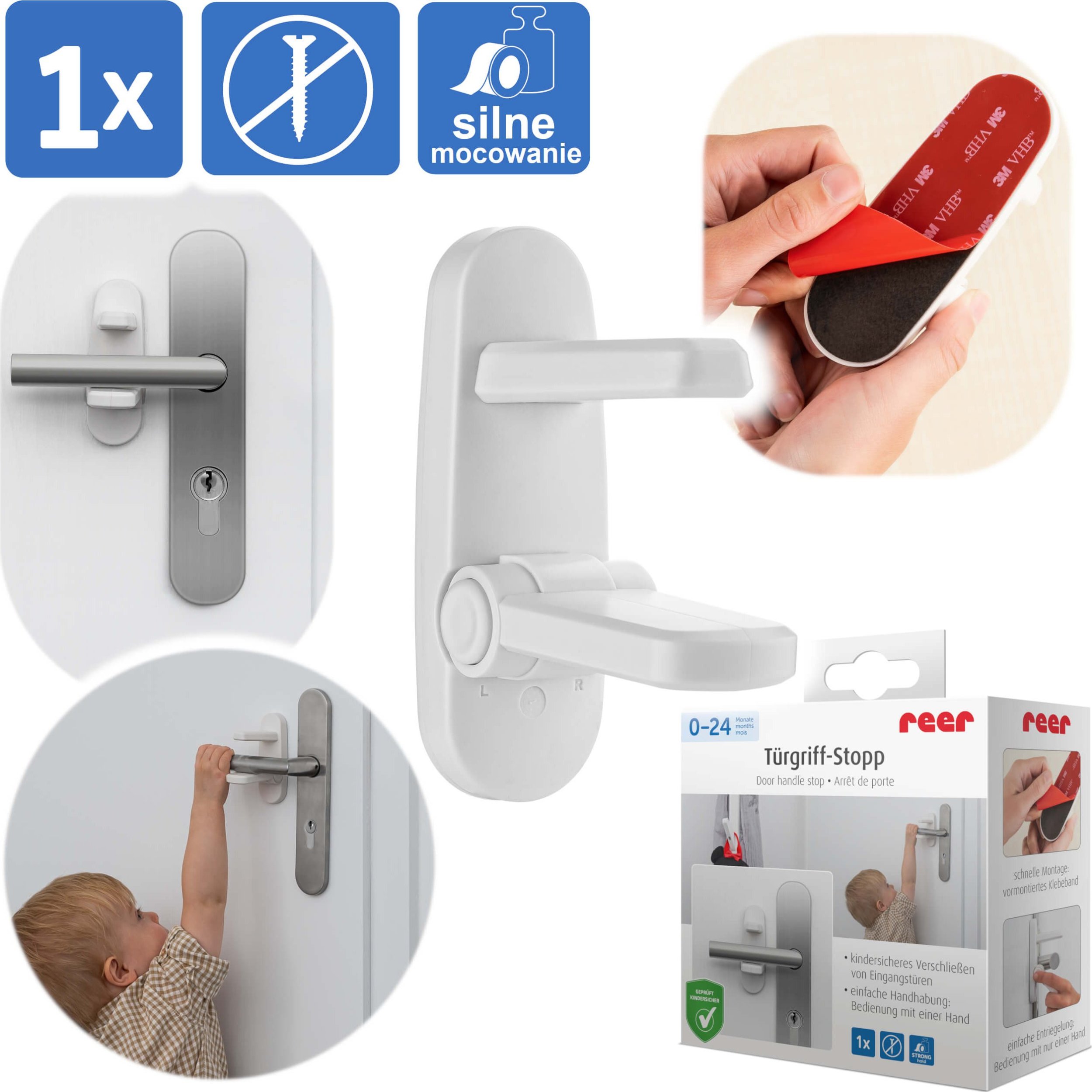 Reer Zabezpieczenie zamknięcie blokada klamki drzwi samoprzylepne taśma 3M REER