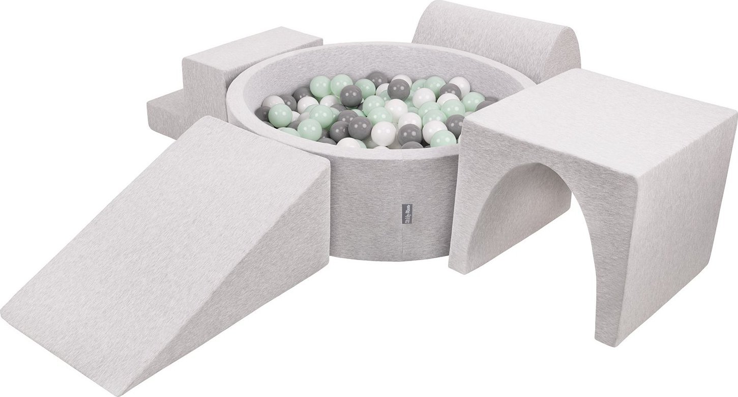KiddyMoon Piankowy plac zabaw PPZP-OK30D-125 z piłeczkami jasnoszary: biały-szary-mięta basen 200/klin L/górka/tunel/schodek Zabawka plac zabaw
