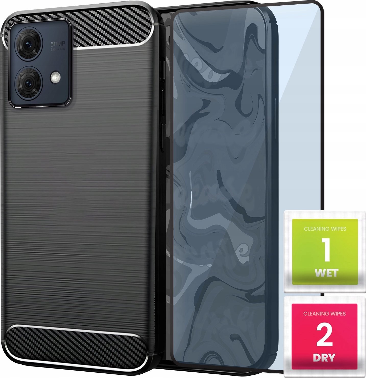 Etui do Motorola Moto G84 (Czarne, Karbon, Pancerne, Case) Szkło 9H