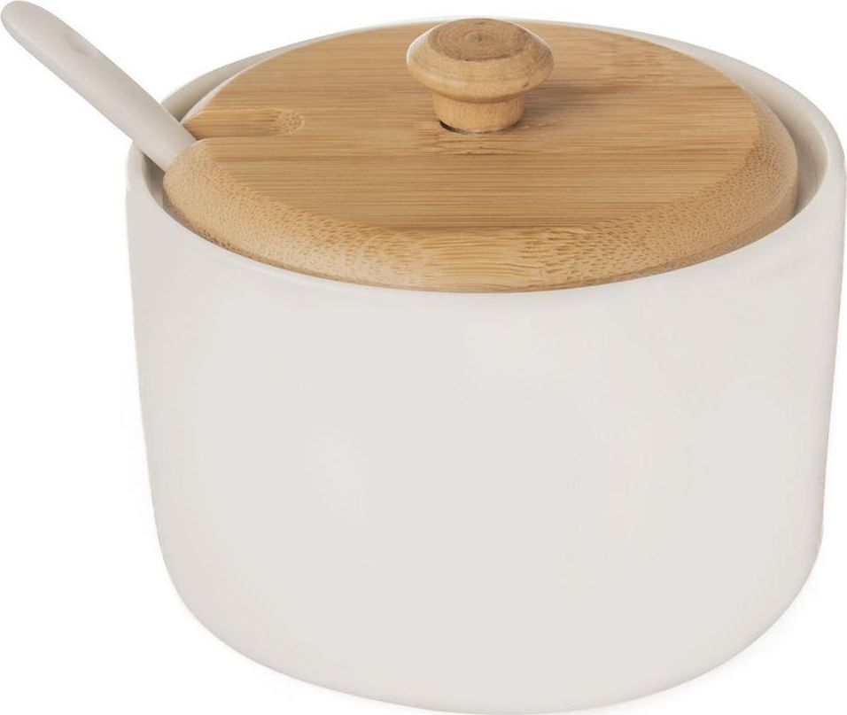Orion Cukierniczka porcelanowa, bambusowa, biała, z pokrywką, łyżeczką, cukiernica, pojemnik na cukier