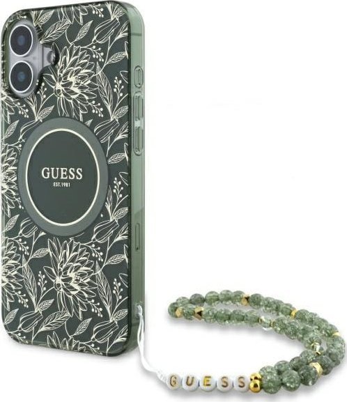 Etui Guess GUHMP16SHCPOFPA Apple iPhone 16 hardcase IML Flowers Allover Electro With Pearl Strap MagSafe zielony/green