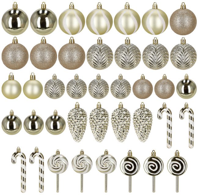 Bombki choinkowe 40 szt. ozdoby kule, lizaki, szyszki, laski cukrowe nietłukące złote UNIWERSALNY