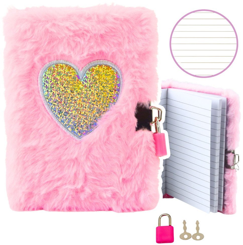 Pluszowy Pamiętnik Notatnik Na Kłódkę 2 Kluczyki Serce Różowy A6 80 Kartek LEAN