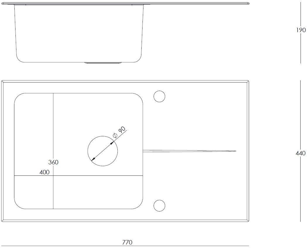 HUGH 111 komora stalowa z czarnym blatem szklanym z syfonem i zaślepką (770x440/R35)