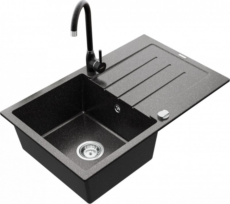 Zlewozmywak Mexen Bruno granitowy 1-komorowy z ociekaczem i baterią kuchenną Telma, czarny nakrapiany - 6513-76-670200-76