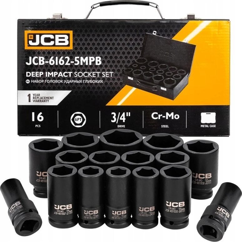 Zestaw nasadek udarowych głębokich 3/4" 16el. (6-kątnych) (17-50mm)