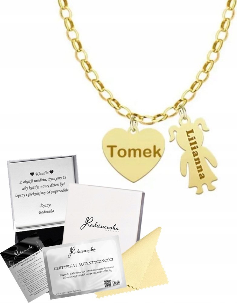 Radziszewska Jewellery Złoty Naszyjnik Imię Dziecka Serce Prezent na Dzień Matki Srebro 925 GRAWER