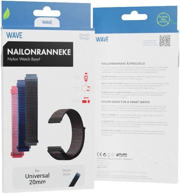 Wave nylon strap, 20 mm for smartwatches and sports watches, black