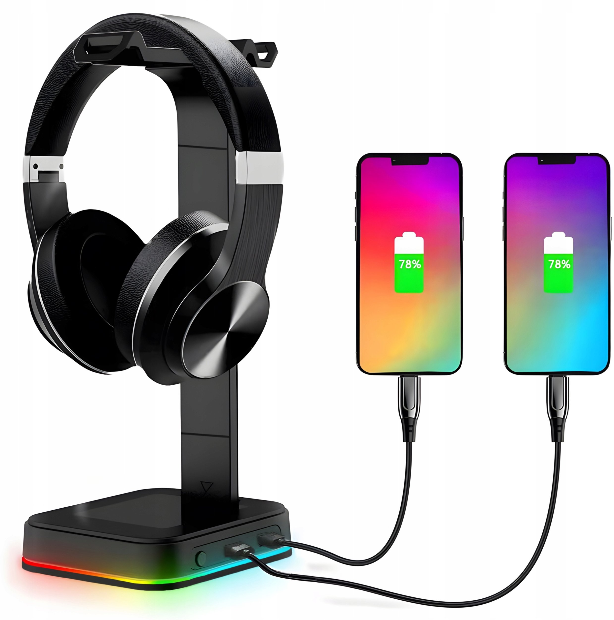 STOJAK STATYW UCHWYT NA SŁUCHAWKI GAMINGOWY PODOŚWIETLENIE RGB HUB + 2X USB