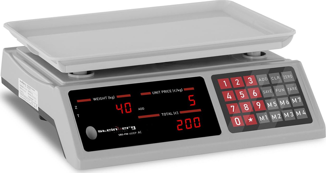 Steinberg Waga sklepowa licząca sztuki 336x238mm zasilacz + akumulator 40kg / 2g - biała