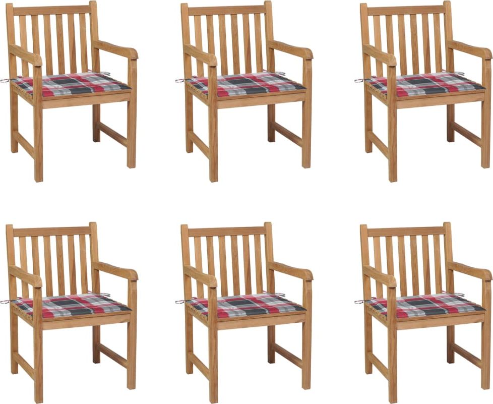vidaXL Krzesła ogrodowe, 6 szt., z poduszkami w czerwoną kratkę, tek