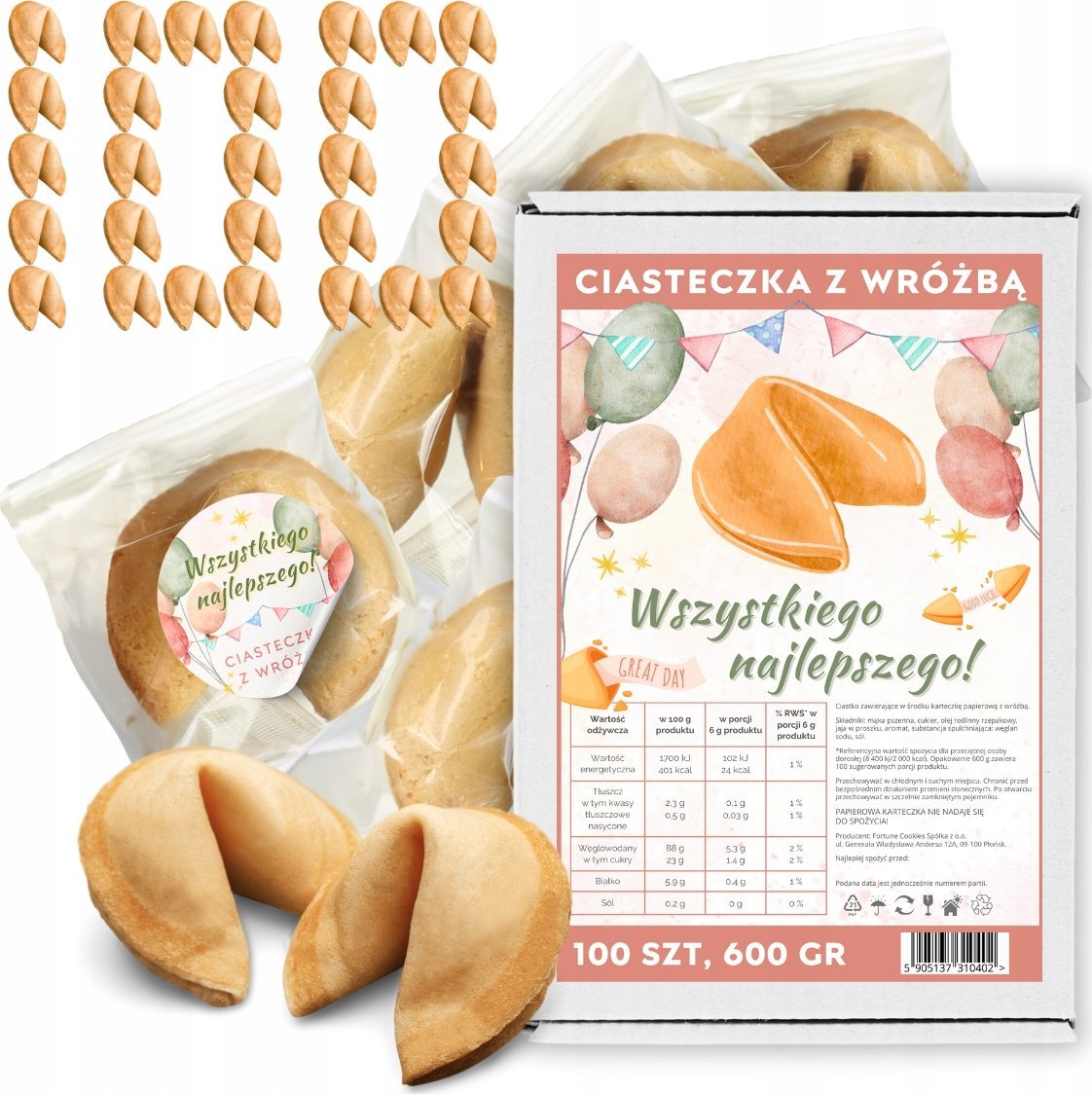 MagiaCiast Ciasteczka z Wróżbą Wszystkiego Najlepszego Chińskie Ciasteczka 100 szt