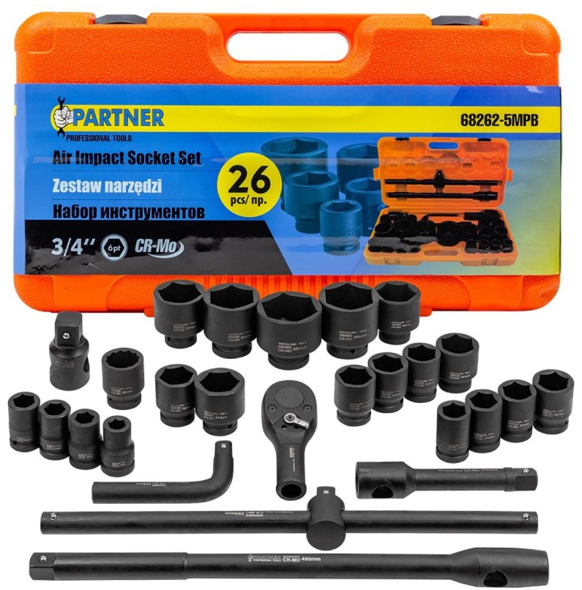 Klucze nasadowe udarowe 3/4'' 17-65mm 6-kątne 26el walizka