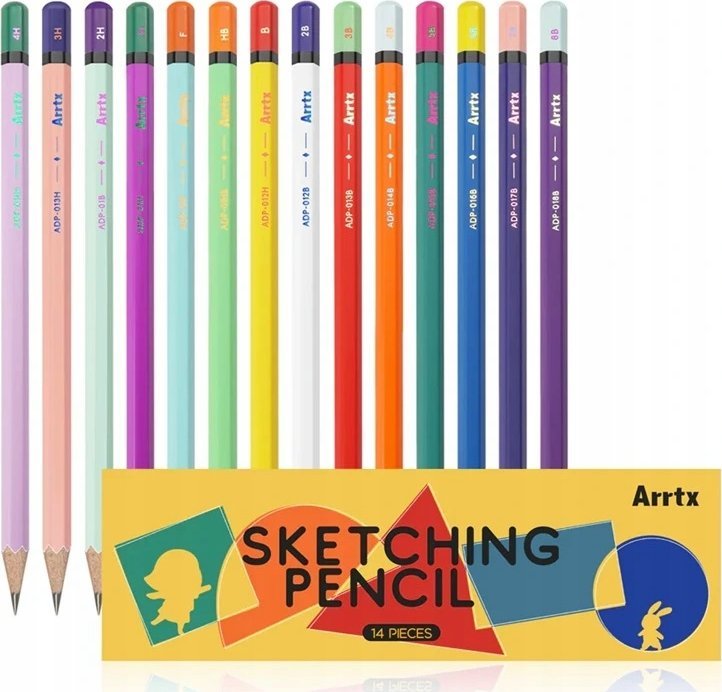 ARRTX Pieštukai eskizams ARRTX, 4H, 3H, 2H, H, F, HB, B, 2B, 3B, 4B, 5B, 6B, 7B, 8B, 14 vnt