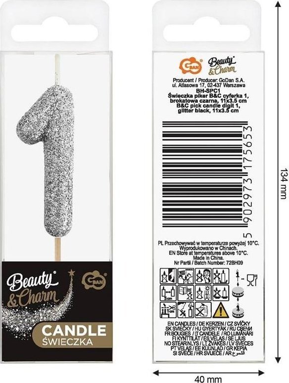 Świeczka piker 1 czarna brokatowa 11x3.5 cm