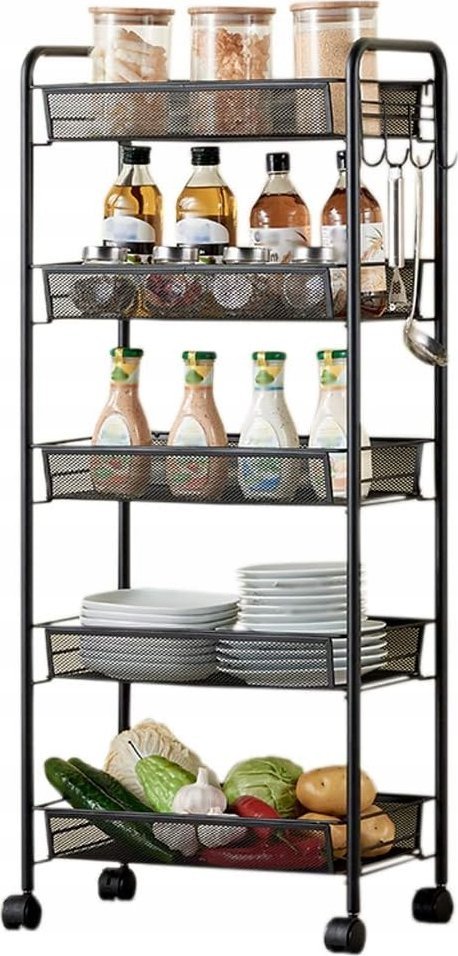 Korbi MOBILNY REGAŁ NA KÓŁKACH DO KUCHNI ŁAZIENKI 5 PÓŁKI CZARNY RG26