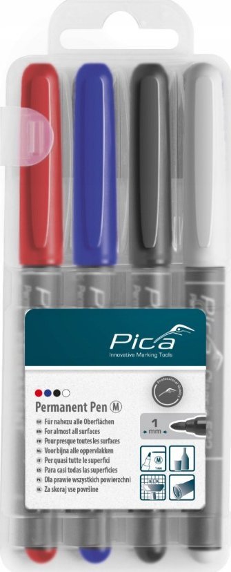 PICA Zestaw 4 markerów permanentnych precyzyjnych kolory: czarny, czerwony, niebieski, biały