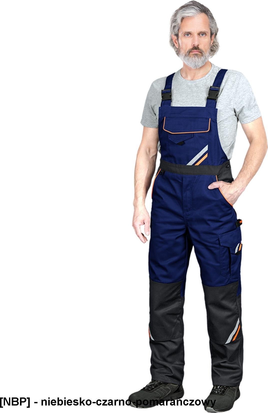 R.E.I.S. PROX-B - spodnie ochronne ogrodniczki PROX, guzik, zamek, 9 kieszeni, na nakolanniki, odblaski, 65% - niebiesko-czarno-pomarańczowy 50