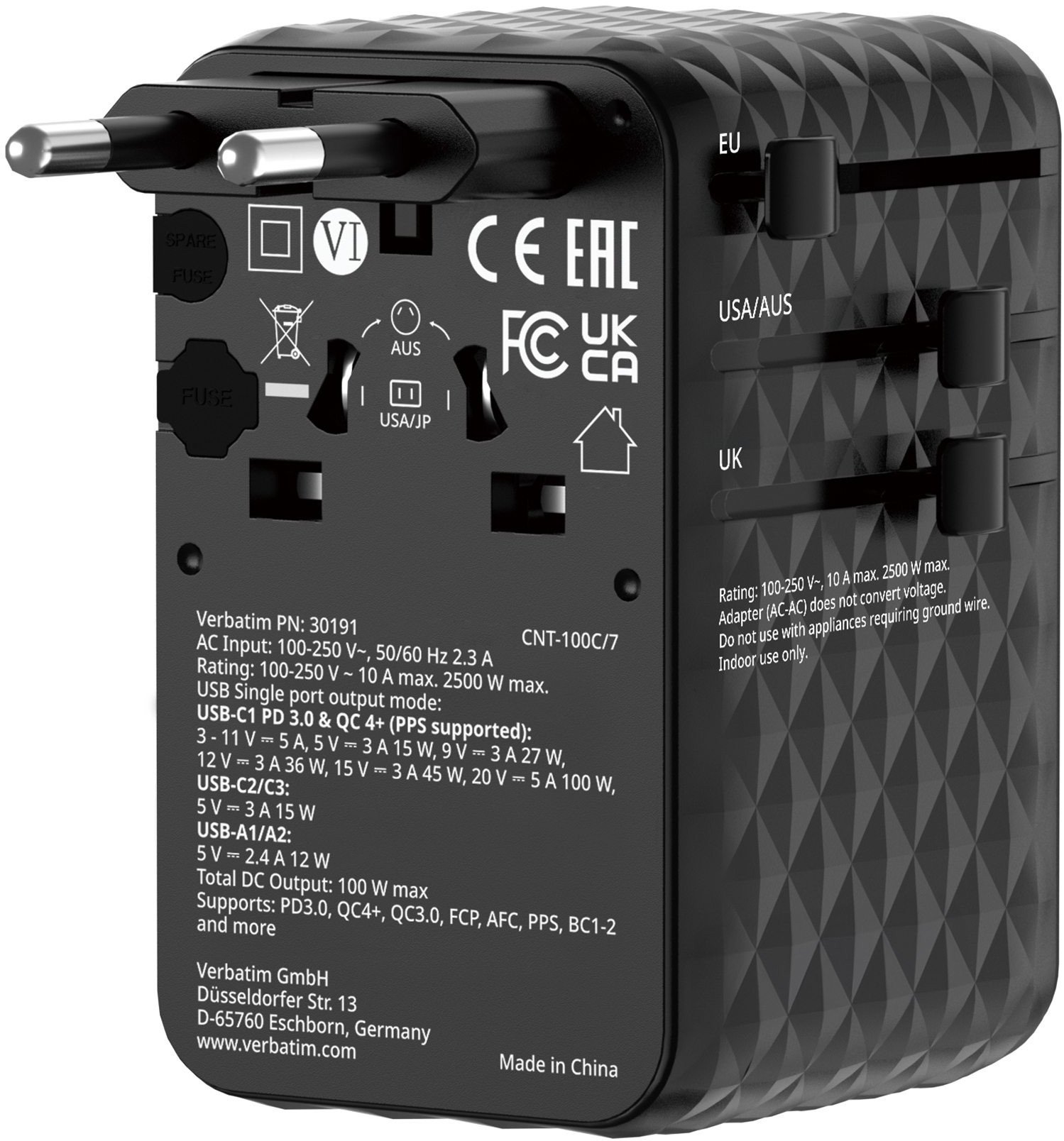 Verbatim Adapter podróżny EU/UK/US GaN 2xUSB-C/2xUSB-A/1xUSB-C PD 100W czarny 30191