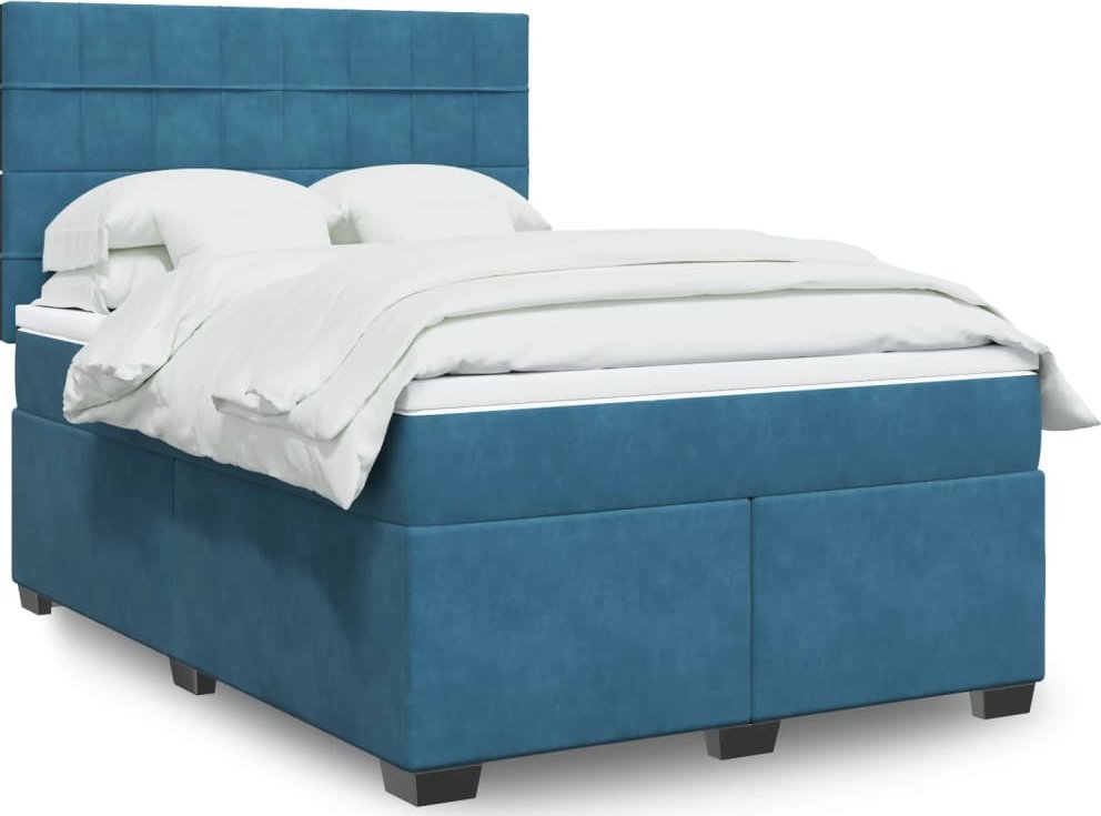 vidaXL Łóżko kontynentalne z materacem, niebieskie, 140x200cm, aksamit