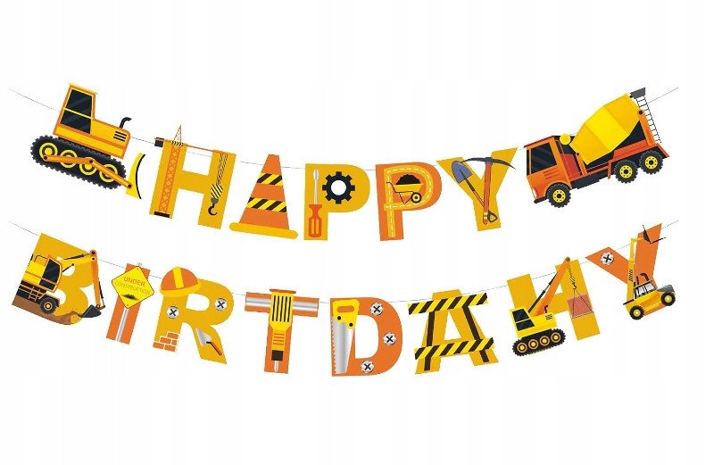 Girlanda Maszyny Budowlane Plac Budowy Baner Urodzinowy Happy Birthday