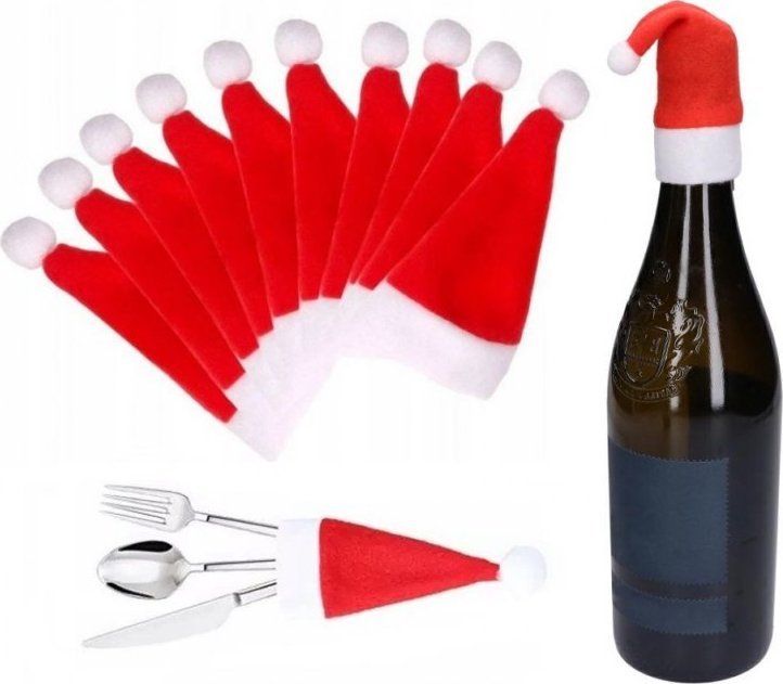 PrzydaSie Czapka Mikołaja Na Butelkę Sztućce 10Szt Ozdoby