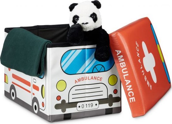 KiddyMoon Pojemnik na zabawki i pufa ze schowkiem AMBULANS