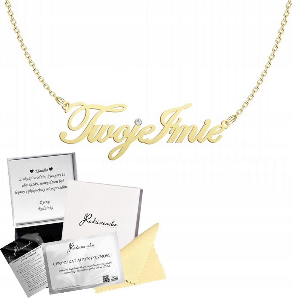 Radziszewska Jewellery ZŁOTY NASZYJNIK Z WŁASNYM IMIENIEM NAPISEM ŁAŃCUSZEK SREBRO 925 ŻYCZENIA