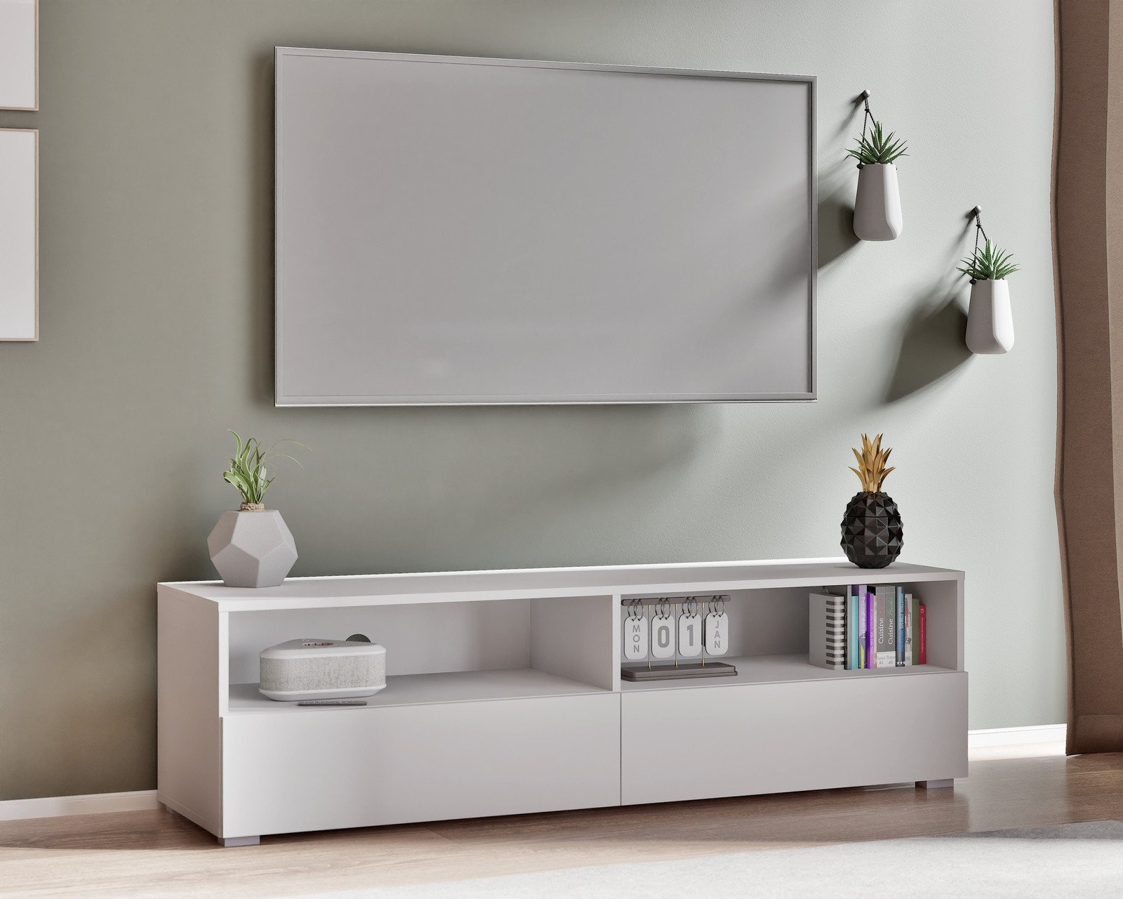 Ravio Szafka RTV Tebris 150 biały mat, nowoczesna forma do przestronnych wnętrz