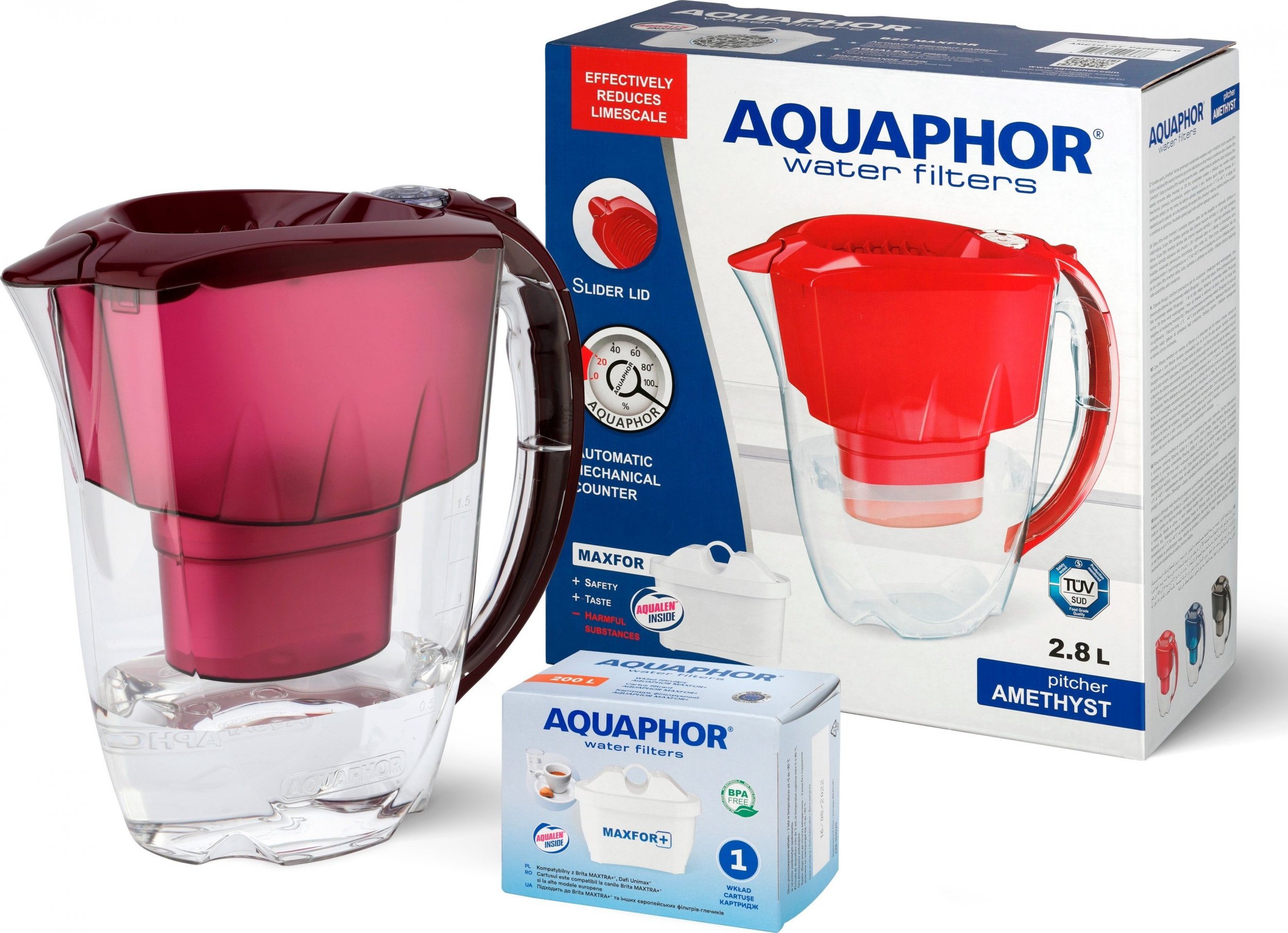 Dzbanek filtrujący Aquaphor Dzbanek filtrujący Amethyst 2.8 l z licznikiem + wkład B25 Maxfor plus, wiśniowy