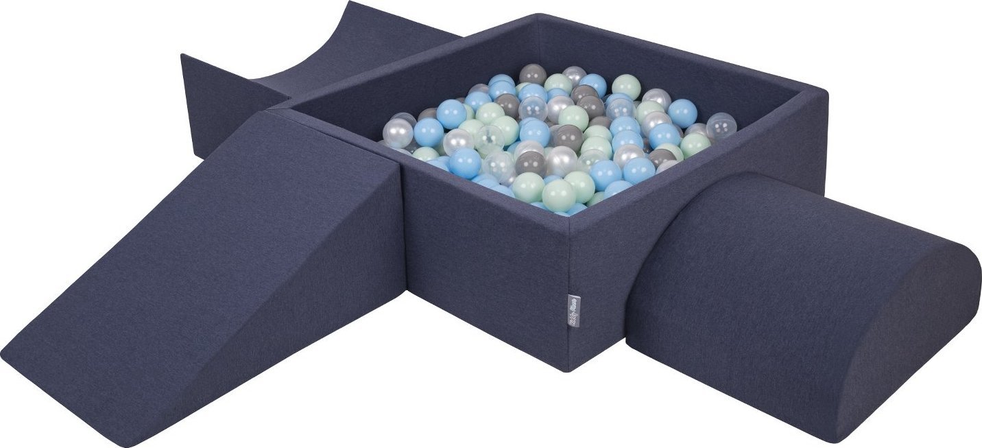 KiddyMoon Piankowy plac zabaw PPZP-KW30D-114 z piłeczkami granatowy: perła-szary-transparent-babyblue-mięta basen 200/klin L/rampa L/półwałek L Zabawk