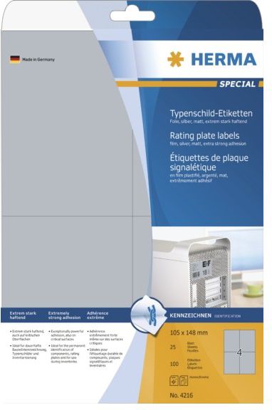 Herma Etykiety foliowe 4216, A4, do zastosowań na zewnątrz, 105 x 148 mm, folia matowa srebrna, 100 szt (4216)