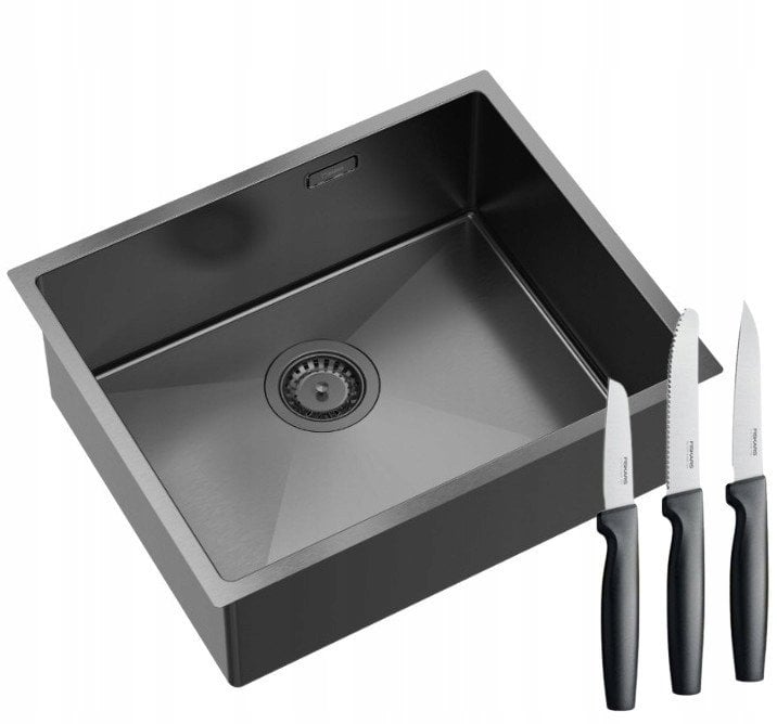 Quadron | ANTHONY 60 | stalowy zlewozmywak kuchenny GRAPHITE METAL PVD | wymiary: 54 x 44 x 19 cm | 1-komorowy podwieszany/wpuszczany | podbudowa szaf