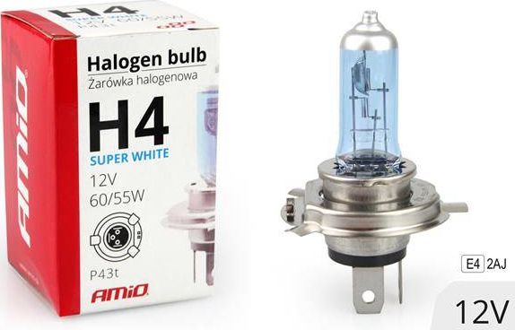 AMiO Żarówka halogenowa H4 12V 60/55W filtr UV (E4) Super White