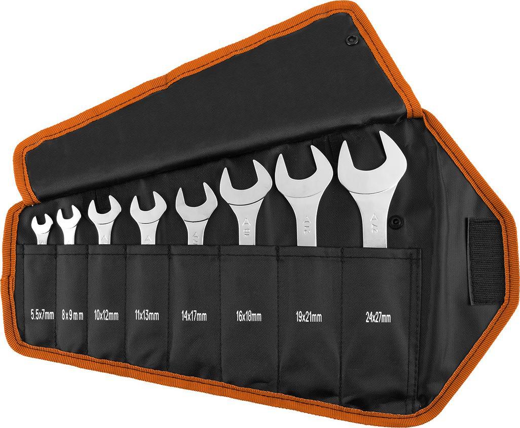 Neo Klucze płaskie dwustronne (Klucze płaskie dwustronne, super cienkie, 5.5 x 27 mm, zestaw 8 szt., materiałowe etui)