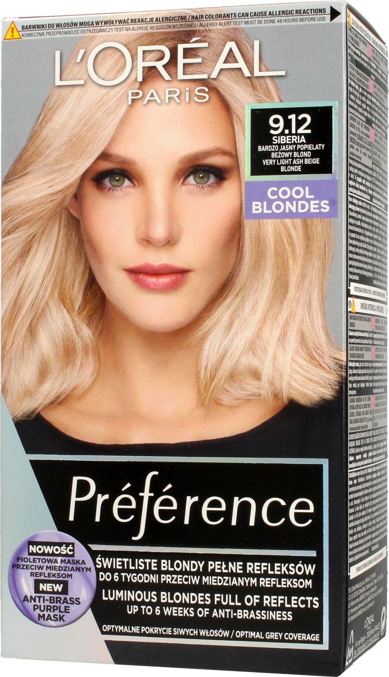 L’Oreal Paris Preference Farba do włosów 9.12 Siberia - Bardzo Jasny Popielaty Beżowy Blond 1op.