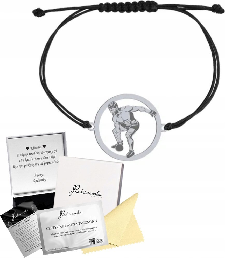 Radziszewska Jewellery Bransoleta Srebrna Męska Kettlebell Crossfit Sznurek 925 Prezent GRAWER
