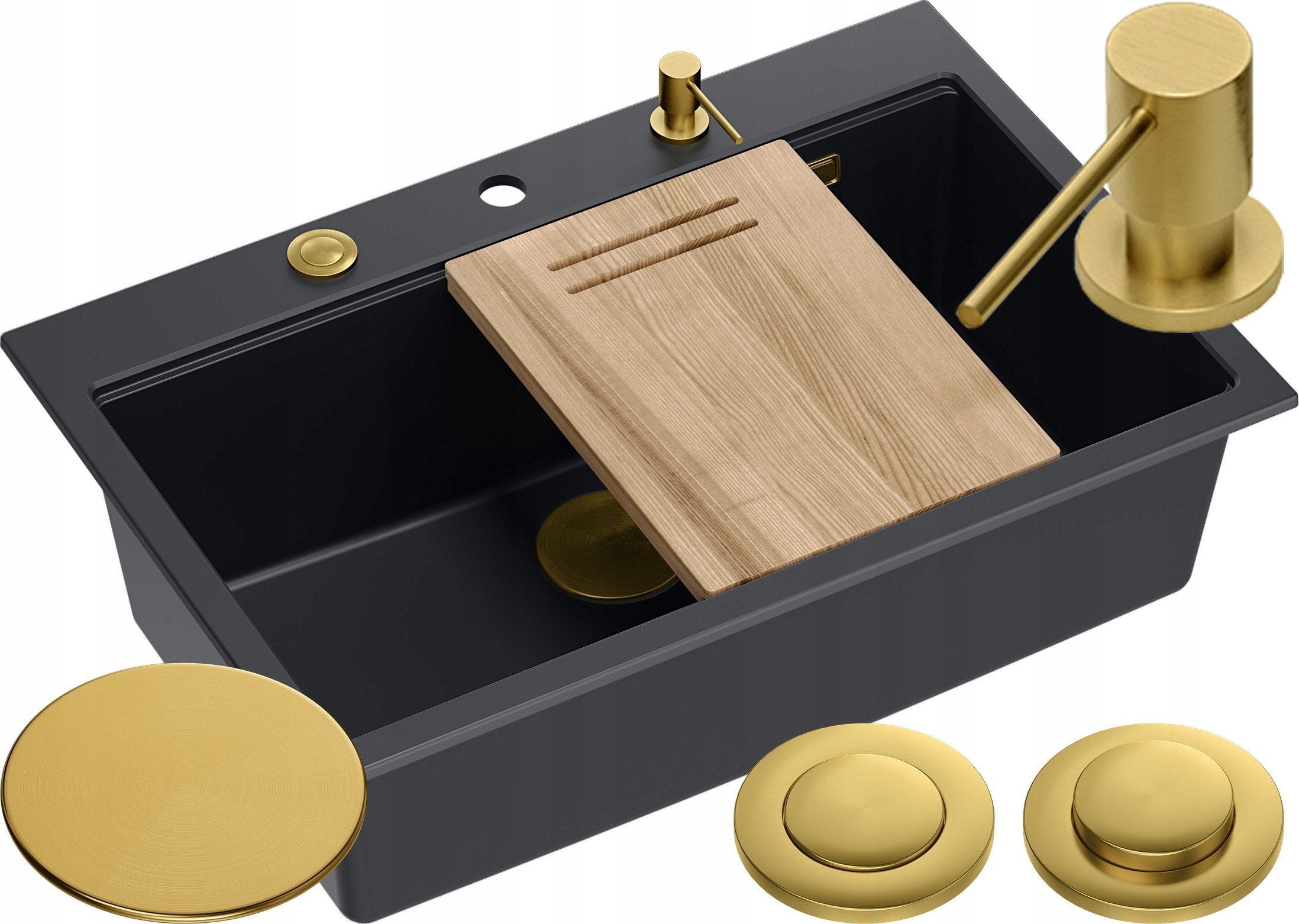 Zlewozmywak GraniteQ Zlewozmywak granitowy MARC 1-komorowy 76x50 cm czarny/pure carbon + Nano ZŁOTO PVD