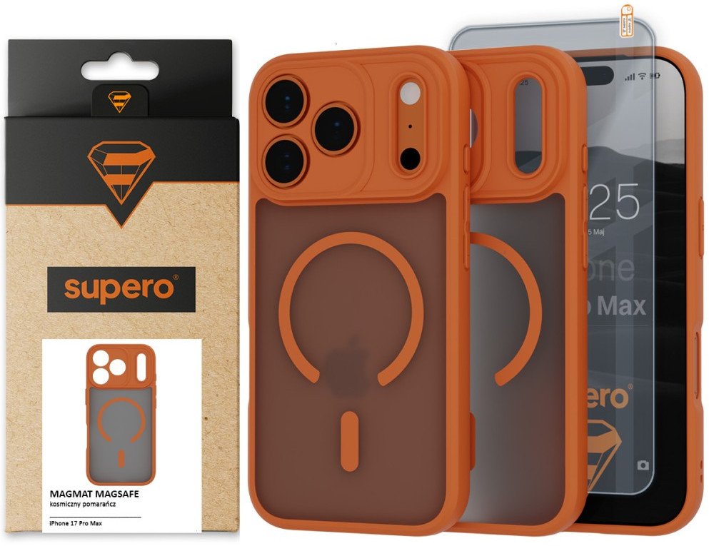 Etui matowe Supero Magmat MagSafedo iPhone 17 Pro Max, pomarańczowe + szkło