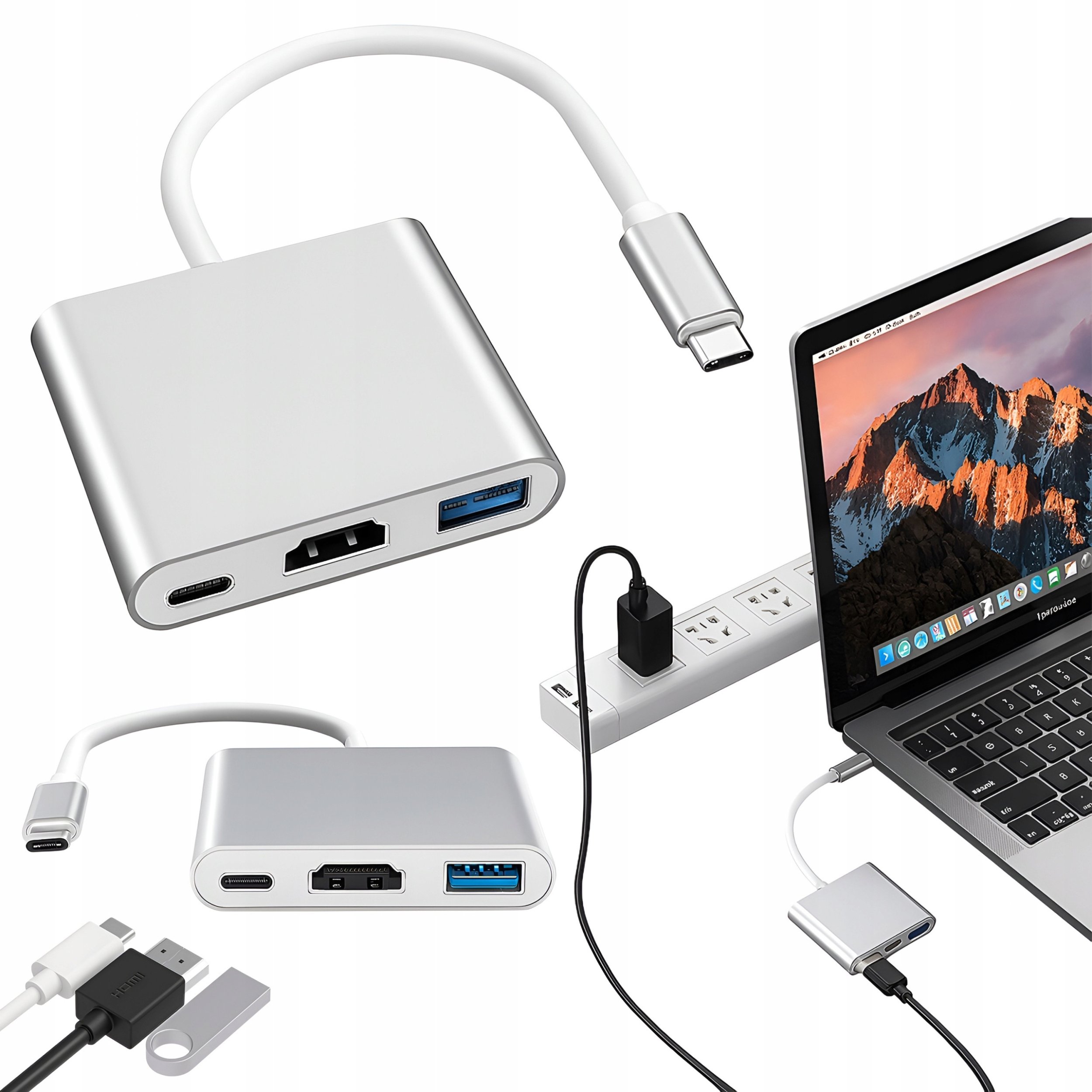Adapter HUB Przejściówka USB-C do USB-C / USB 3.0 / HDMI 4K 3w1 Do MacBook