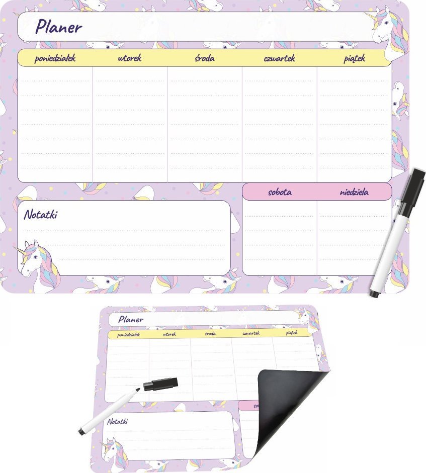 Biurfol Planer na lodówkę magnetyczny tygodniowy 25x35cm +marker unicorn jednorożec