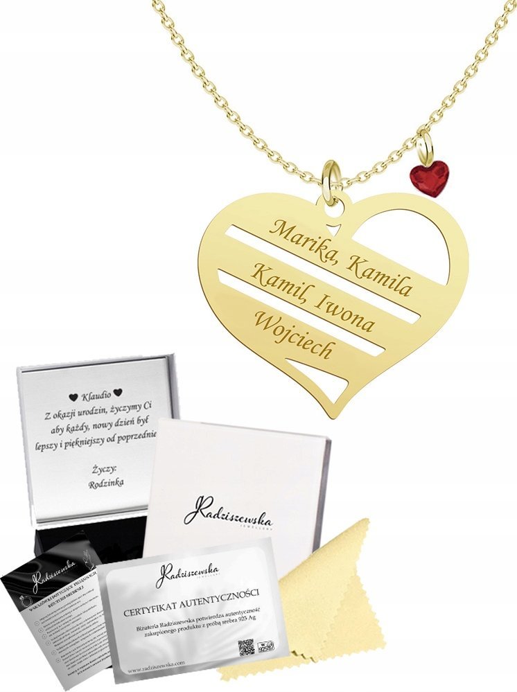 Radziszewska Jewellery Złoty Naszyjnik dla Mamy Serce Imię Dziecka SREBRO 925 Grawer Dedykacja